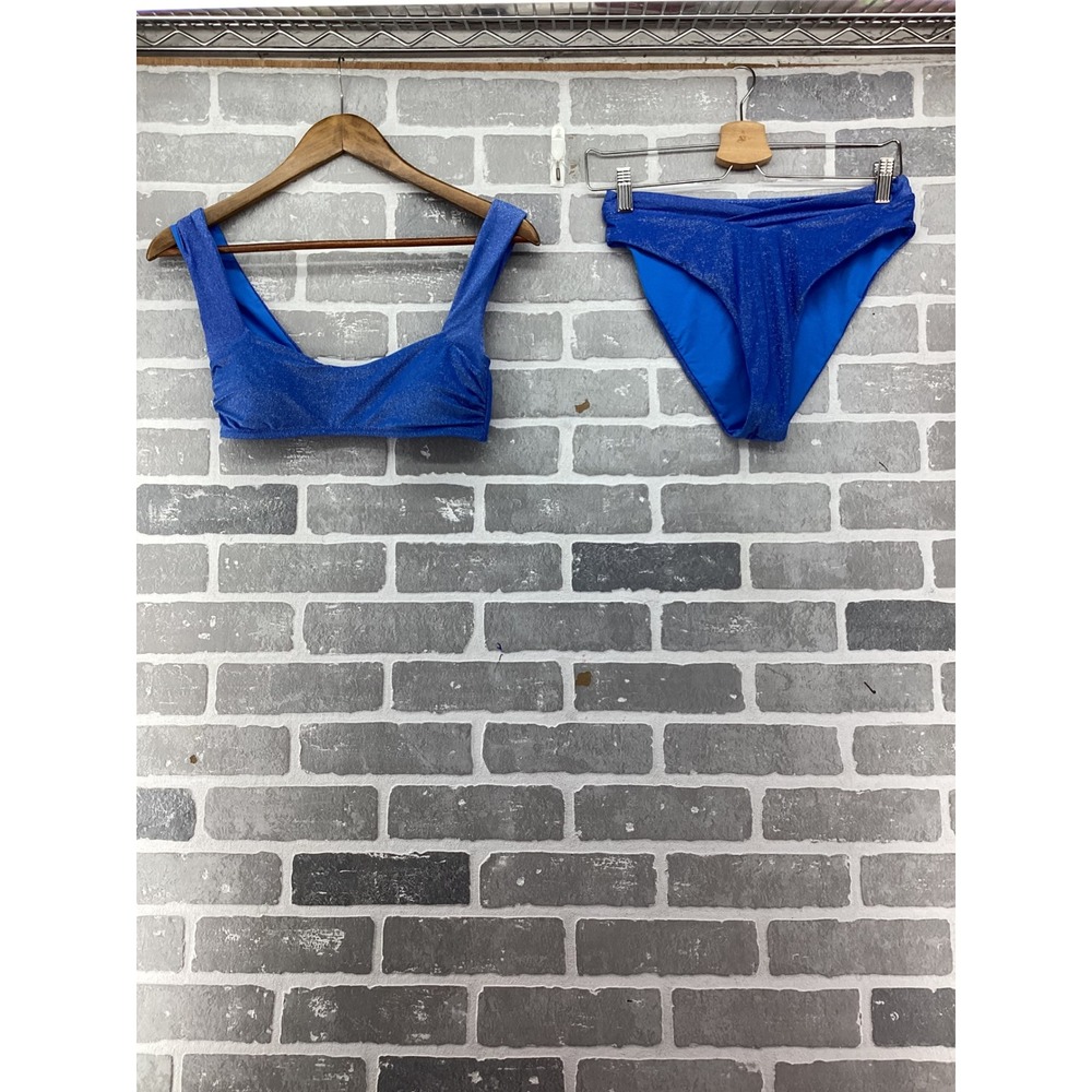 Blackbough Swim Royal Blue Metallic Shimmer Bikini Set Square Neck Top Medium